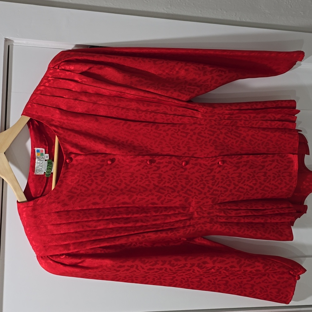 Vintage 80s Claudia Barnes Red Jacquard Peplum Blouse Pintuck Pleated Top SZ 12